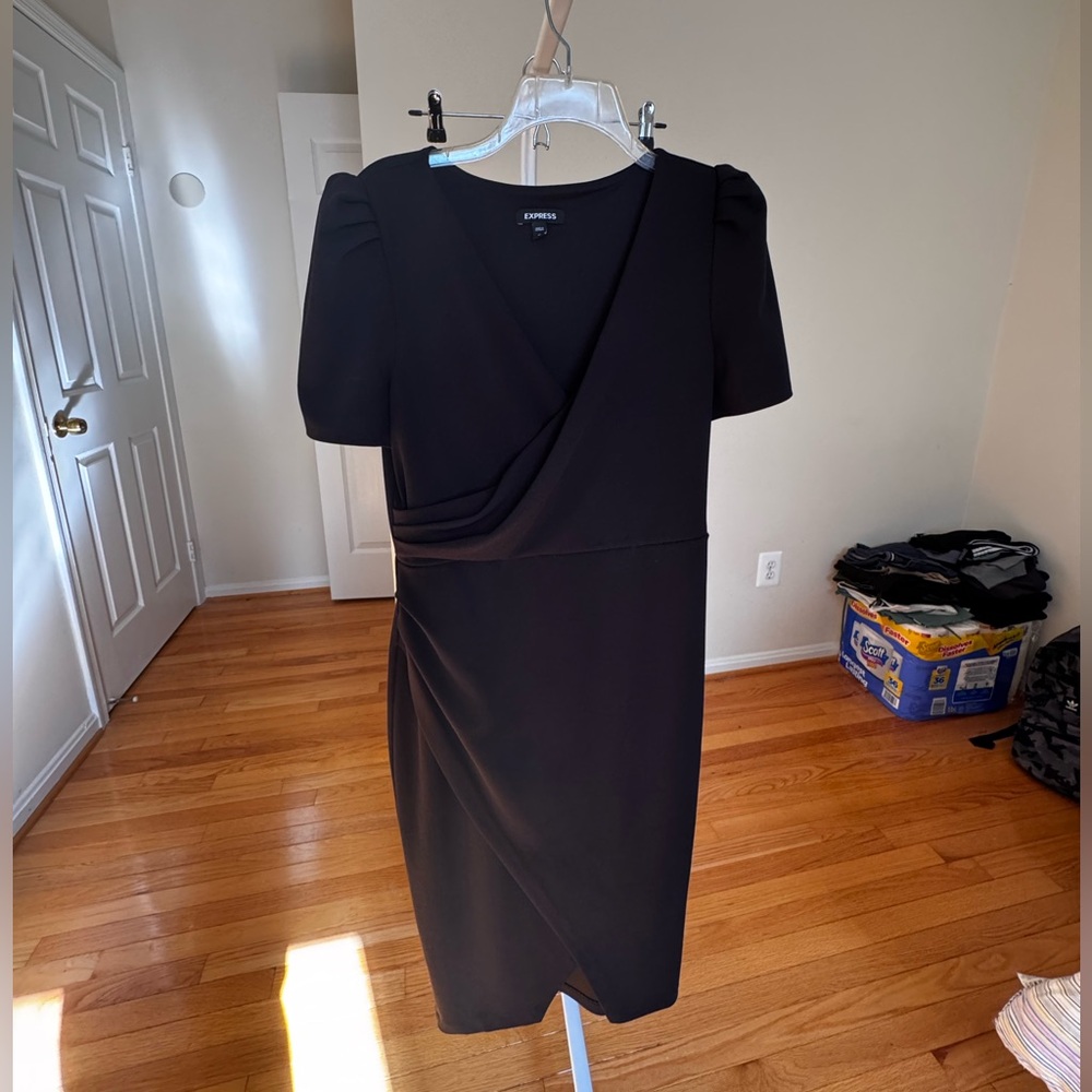 Express Black Puff Sleeve Wrap Front Dress